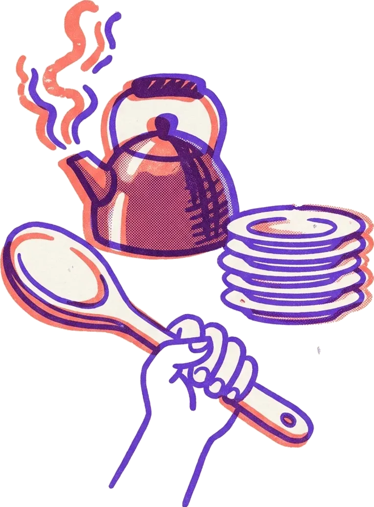 Riso print: a hand holding a wooden spoon like a microphone beside a steaming kettle