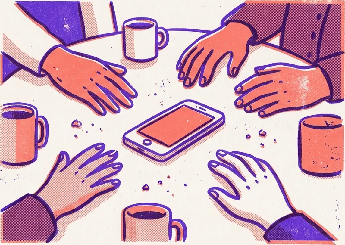 Riso print: hands reaching in from every side of a table towards a phone lying in the middle